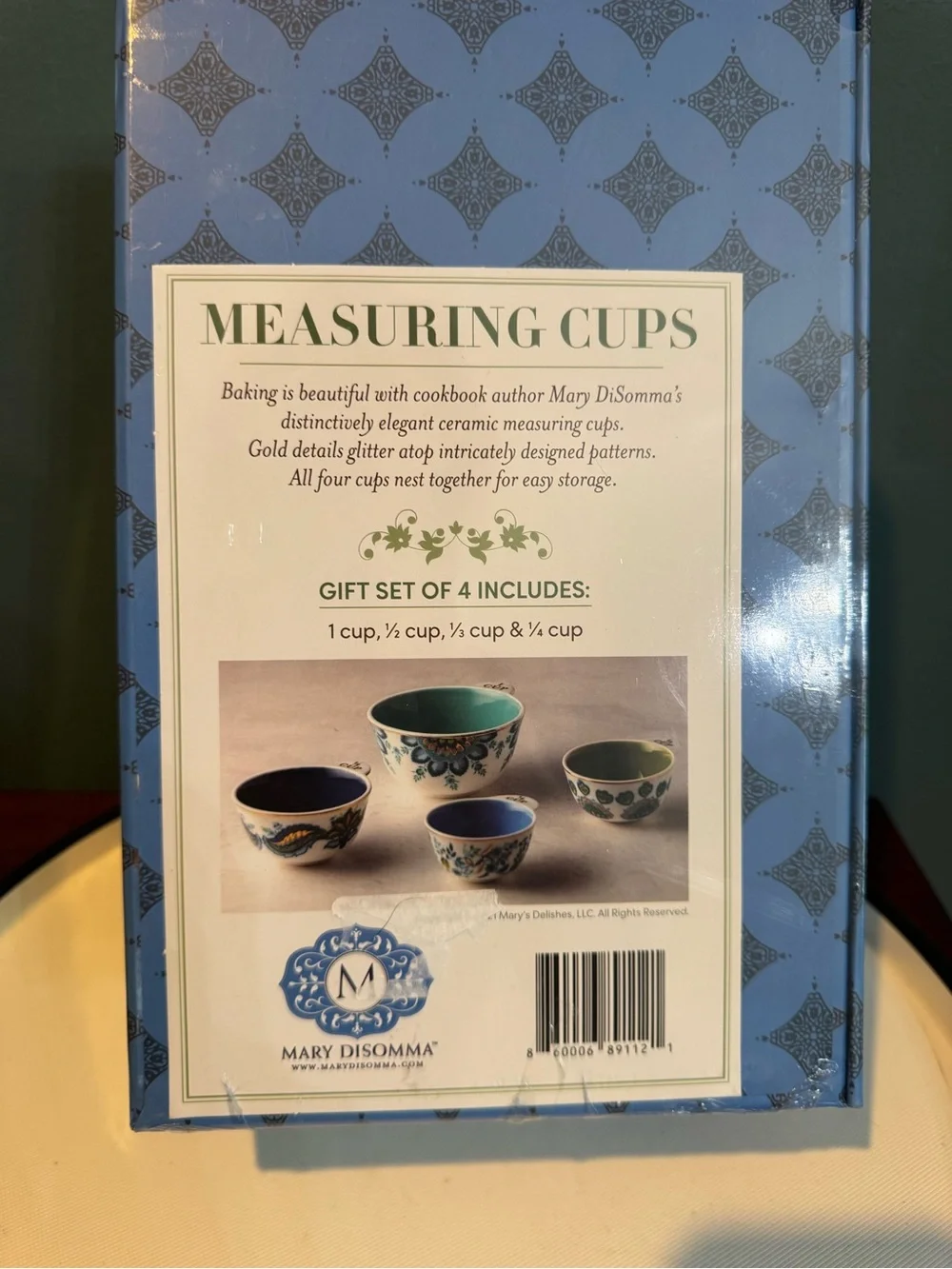 Mary Disomma Blue Floral Nesting Measuring cups - Set of 4, New in sealed box